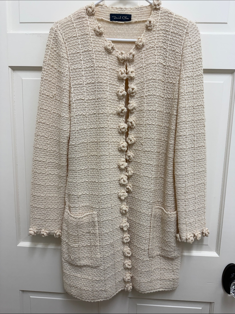 David Chase Channel Cream Long Sleeve Knit Cardigan with Pom Trim